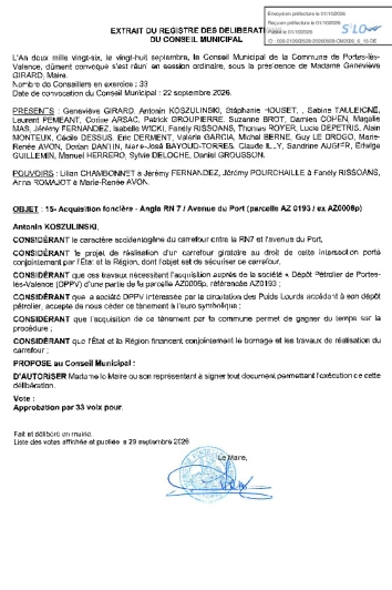 Délibération CM du 28/09/2026 - Acquisition foncière angle RN7 et avenue du Port