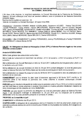 Délibération CM du 28/09/2026 - Délégation DPU à Valence Romans Agglo sur zones d'intêret communautaire