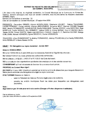 Délibération CM du 28/09/2026 - Dérogations au repos dominical - année 2027