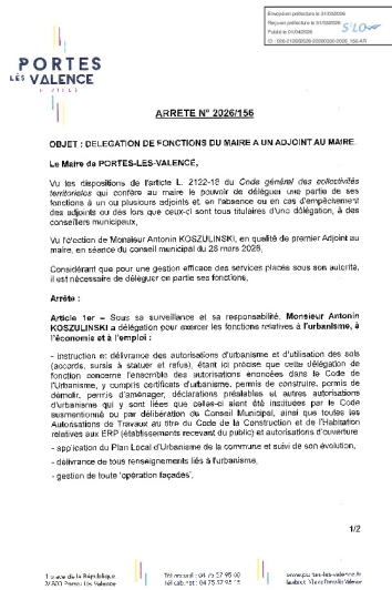 Arrêté 2026/156 - Délégation de fonctions à un adjoint