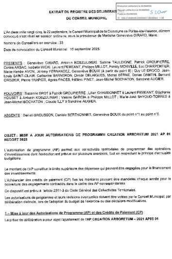 Délibération CM 22-09-2025 Mise à jour autorisation de programme Arboretum, budget 2025