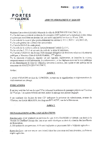 Arrêté permanent 2025-330 portant sur la signalisation et la règlementation de la circulation et du stationnement sur la commune