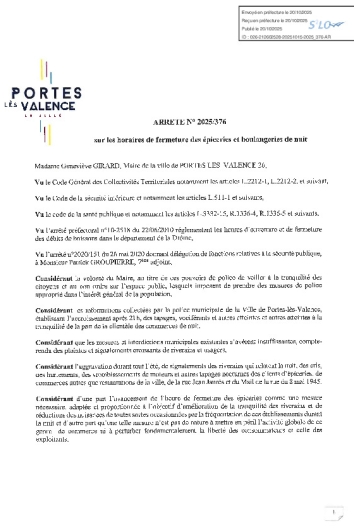 Arrêté 2025-376 fermeture des commerces entre 21h et 7h le lendemain rue Jean Jaurès et sur le Mail de la rue du 8 mai 1945