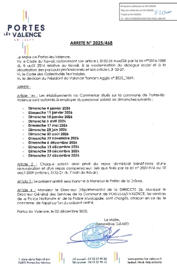 Arrêté 2025/468 - Dérogations au repos dominical, année 2026