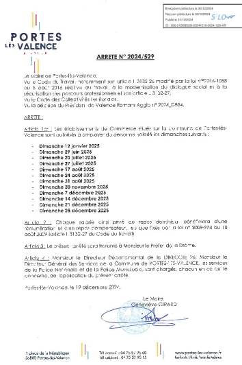 Arrêté 2024/529 Dérogations au repos dominical - Année 2025