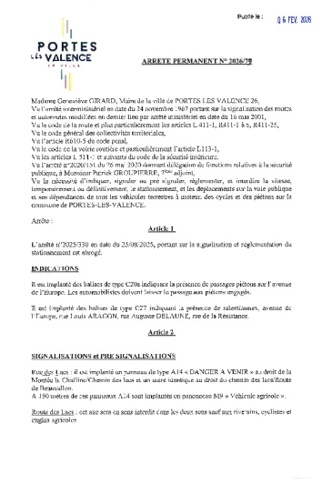 Arrêté 2026/79 - Règlementation de la circulation et du stationnement sur la commune