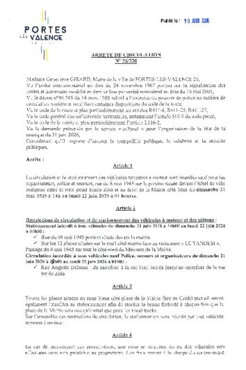 Arrêté 2026/220 - Circulation et stationnement Fête de la musique