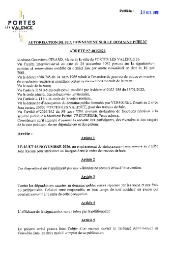 Arrêté 2026/401 - Occupation du domaine public les 2 et 3 novembre 2026