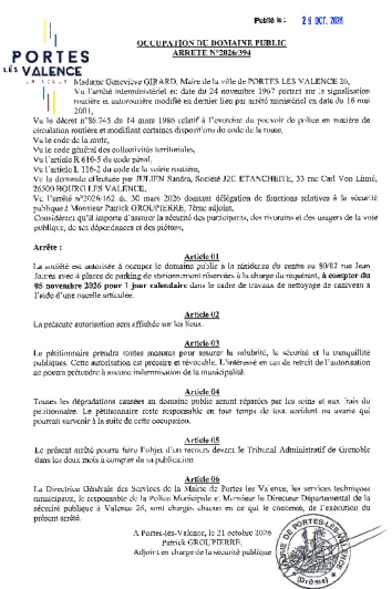 Arrêté 2026/394 - Occupation du domaine public le 5 novembre 2026