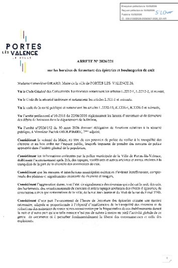 Arrêté 2026/221 - Horaires de fermeture des épiceries et boulangeries de nuit