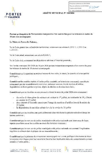 Arrêté 2026/310 Couvre-feu pour les mineurs
