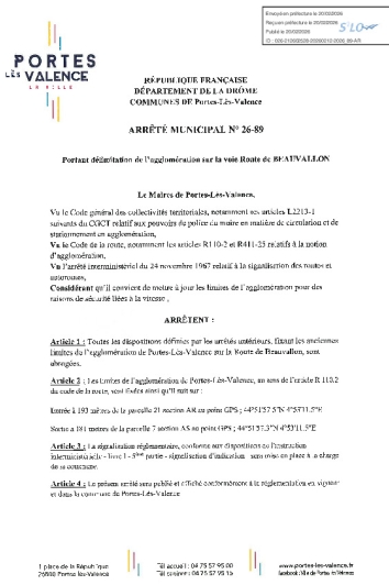 Arrêté 2026/89 - portant délimitation de l'agglomération, route de Beauvallon