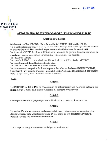 Arrêté 2026/341 - Autorisation de stationnement