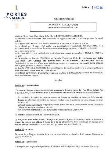 Arrêté 2026/386 - Occupation du domaine public les 9 et 10 novembre 2026