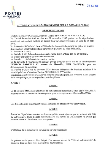 Arrêté 2026/388 - Occupation du domaine public le 28/10/2026
