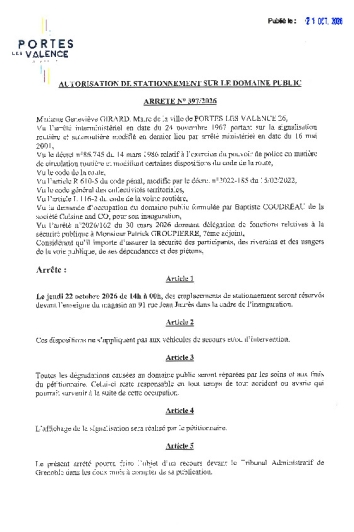 Arrêté 2026/397 - Occupation de domaine public le 22 octobre 2026