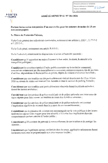 Arrêté n°2026/281 - Couvre-feu temporaire pour les mineurs