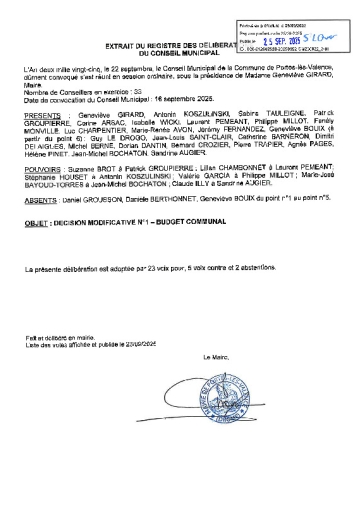 Délibération CM 22-09-2025 Décision modificative n°1. Budget communal