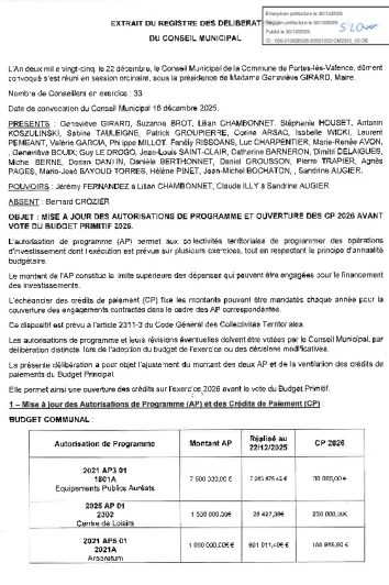 Délibération CM du 22/12/25 - Mise à jour autorisations de programme et ouverture crédits de paiement 2026