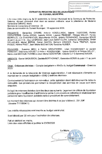 Délibération CM 22-09-2025 Créances éteintes, compte budgétaire 6542 du budget communal 2025