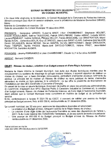 Délibération du 22/12/2025 - Réseau de chaleur, création d'un budget et d'une régie autonome