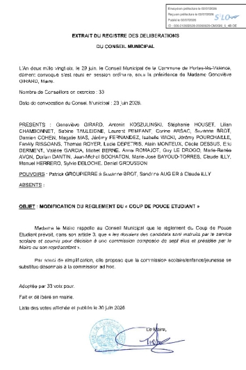 Délibération CM du 29/06/2026 - Modification règlement Coup de pouce étudiant