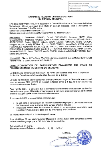 Délibération CM 16-12-24 Convention de participation aux frais du Centre de secours