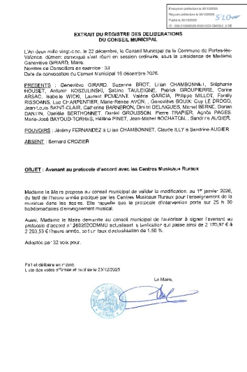 Délibération CM du 22/12/25 - Avenant au protocole d'accord avec les Centres Musicaux Ruraux