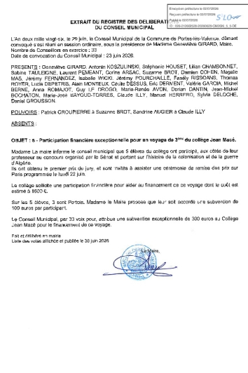 Délibération CM du 29/06/2026 - Subvention exceptionnelle voyage classe de 3ème