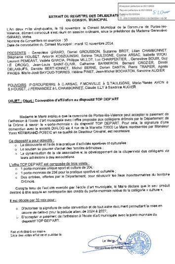 Conseil municipal du 18-11-24 Convention affiliation dispositif TOP DEP'ART