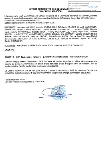 Délibération CM du 29/06/2026 - Subvention AEP Jeunesse et Familles