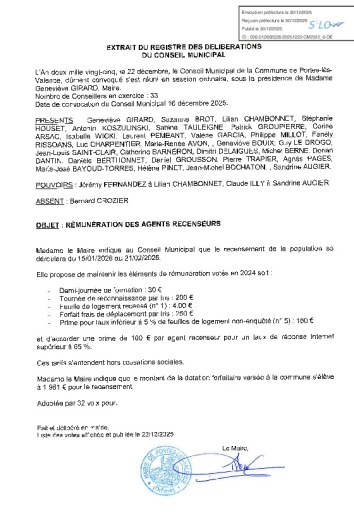 Délibération CM du 22/12/25 - Rémunération des agents recenseurs