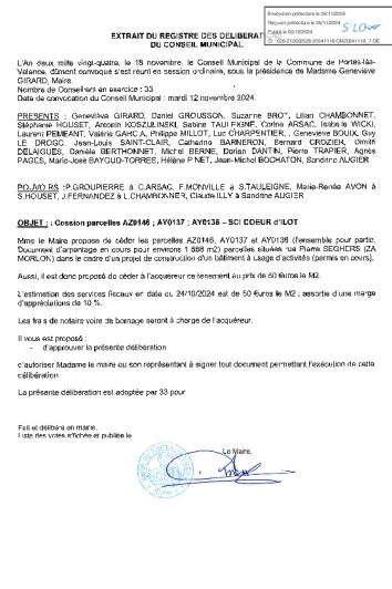 Conseil municipal du 18-11-24 Cession parcelles AZ146, AY137, AY136 - SCI Coeur d'Ilot