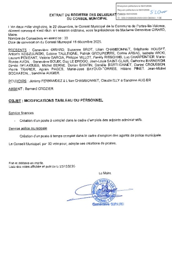 Délibération CM du 22/12/2025 - Modifications tableau du personnel