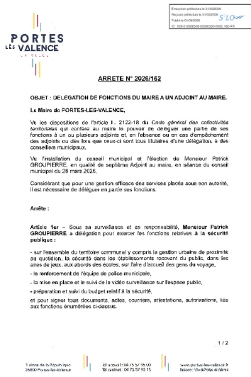 Arrêté 2026/162 - Délégation de fonctions à un adjoint