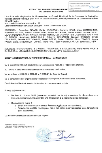 Conseil municipal du 18-11-24 Dérogation au repos dominical, année 2025