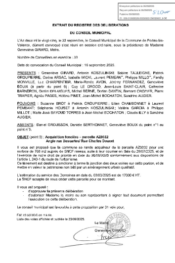 Délibération CM 22-09-2025 - Acquisition parcelle à l'Angle des rues Doucet et Descartes