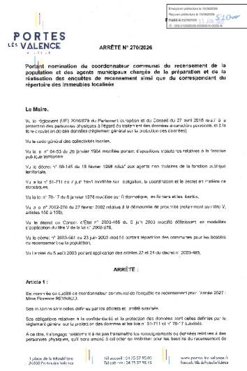Arrêté 2026/270 - Coordonnateur recensement 2027