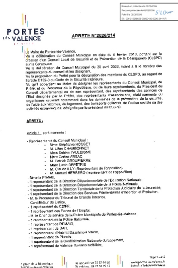 Arrêté 2026/214 - Désignation des représentants au CLSPD