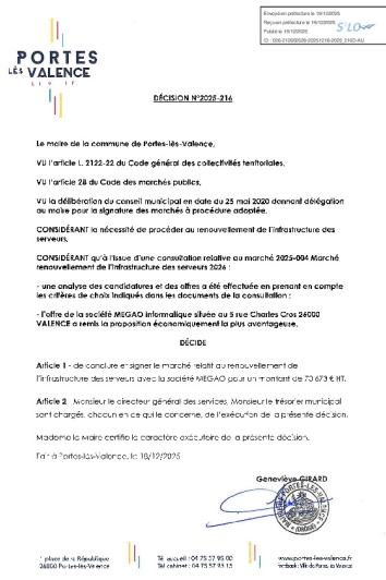 Décision 2025/216 - Signature d'un marché