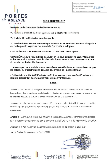 Décision 2025/217 - Signature d'un marché