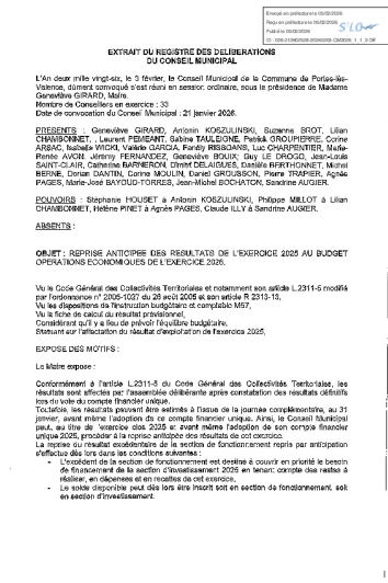 Délibération CM du 03/02/2026 - Reprise anticipée résultats 2025 sur budget 2026 - BOE