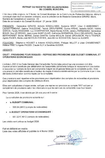 Délibération CM du 03/02/2026 - Provisions pour risques - Budget communal et BOE
