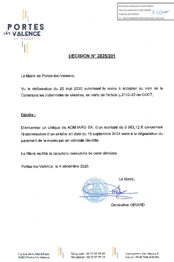 Décision 2025/201 - Encaissement indemnisation d'un sinistre