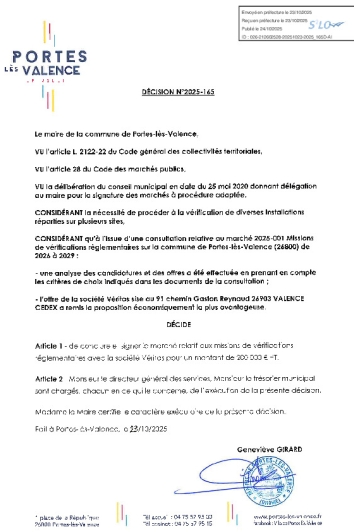 Décision 2025/165 - Signature d'un marché