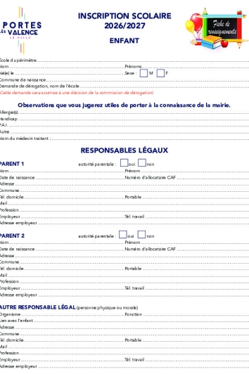 Fiche d'inscriptions scolaires 2026-2027