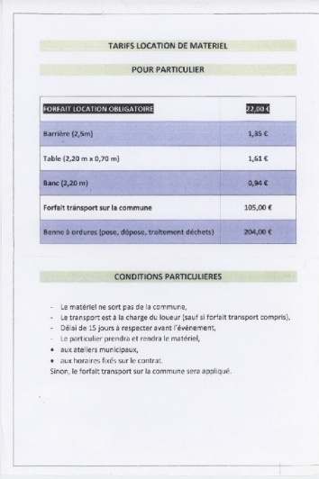 Tarifs de locations de matériel