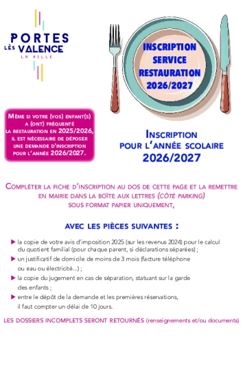 Fiche d'inscription restauration scolaire 2026-2027