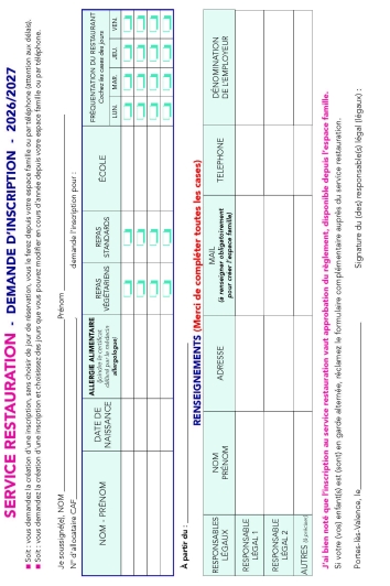 Fiche d'inscription à la cantine 2026