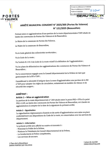 Arrêté 2025-305 portant mise en agglomération d'une portion de la RD 269
